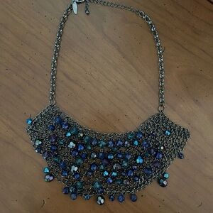 Iridescent beaded statement necklace-dark gray with purple, green, and blue hues